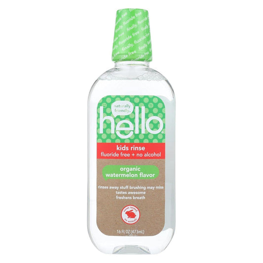 Hello Kids Natural Watermelon Flavor Fluoride-Free Oral Care rinse bottle with colorful label, designed for children's dental hygiene.