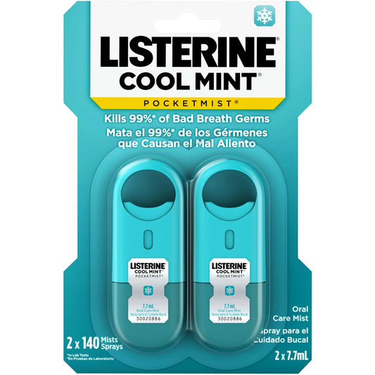 Listerine Pocketmist Cool Mint oral care mist and breath spray, sugar-free, in a 2-pack, by Pasteur Pharmacy.