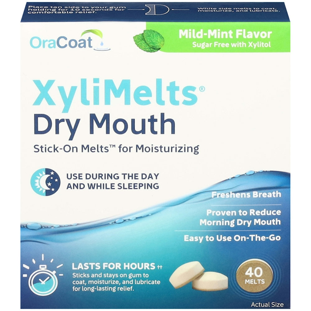OraCoat Xylimelts for dry mouth in mild mint flavor, 40 discs, soothing oral care product for dry mouth relief.