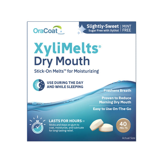 OraCoat XyliMelts Mint-Free for Dry Mouth, 40 oral care discs shown, designed to soothe dry mouth naturally.