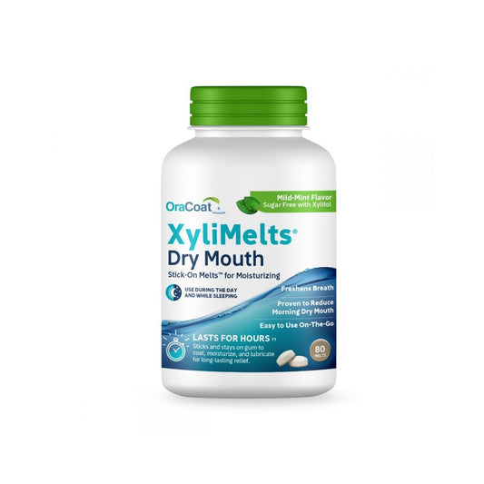 OraCoat XyliMelts for dry mouth relief in mild mint flavor, adhesive oral care melts, 80 count, by Pasteur Pharmacy.