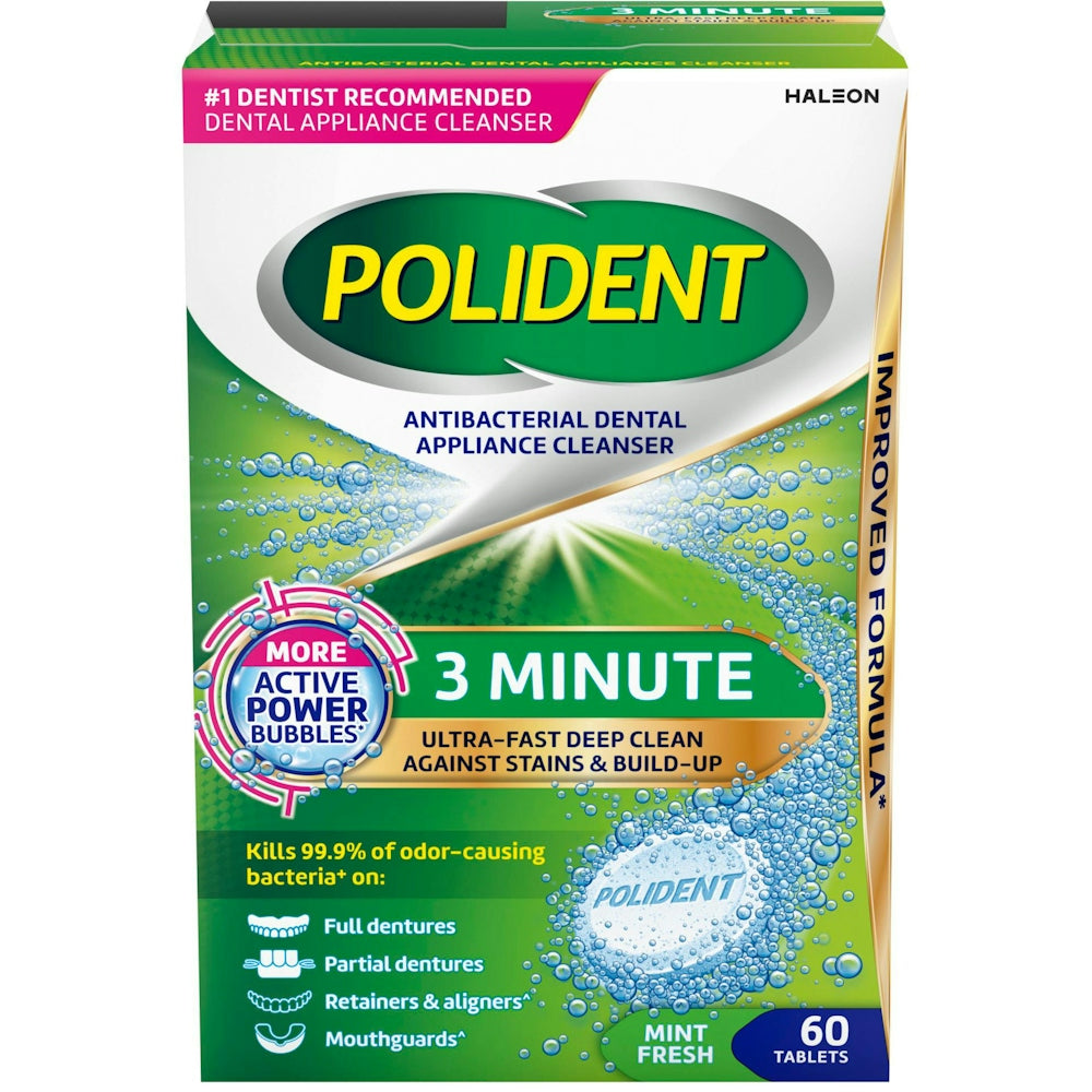 Polident antibacterial dental appliance cleanser tablets in a bottle, designed for quick 3-minute cleaning of dental appliances.