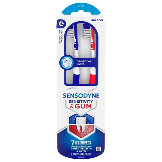 Sensodyne Sensitive Care soft toothbrush for gentle cleaning, designed for sensitive teeth, in a natural oral care setting