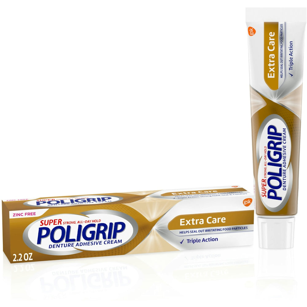 Super Poligrip® Extra Care Denture Adhesive Cream in 2.2 ounces, shown in a tube for secure denture fit and oral comfort.