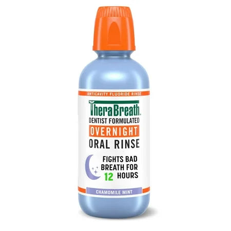 TheraBreath Overnight Mouthwash by Pasteur Pharmacy in chamomile mint flavor, alcohol-free oral care rinse in a 16 fl oz bottle.
