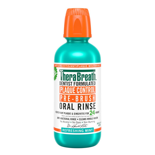 Therabreath Plaque Control Pre-Brush Oral Rinse by Pasteur Pharmacy, refreshing mint flavor in a 16 oz bottle for oral care.