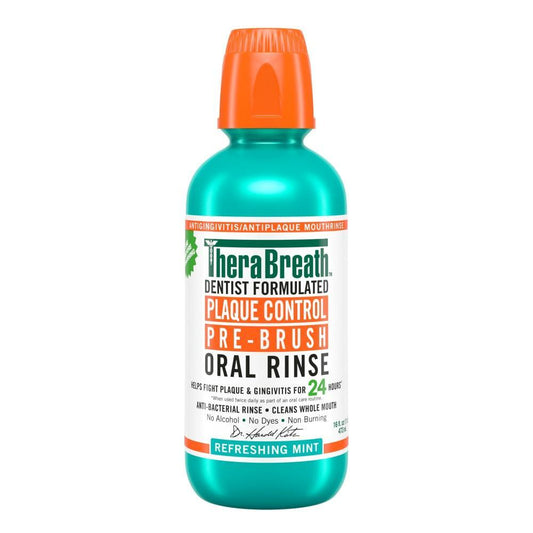 Therabreath Plaque Control Pre-Brush Oral Rinse in refreshing mint flavor, Pasteur Pharmacy oral care product showing bottle and label.