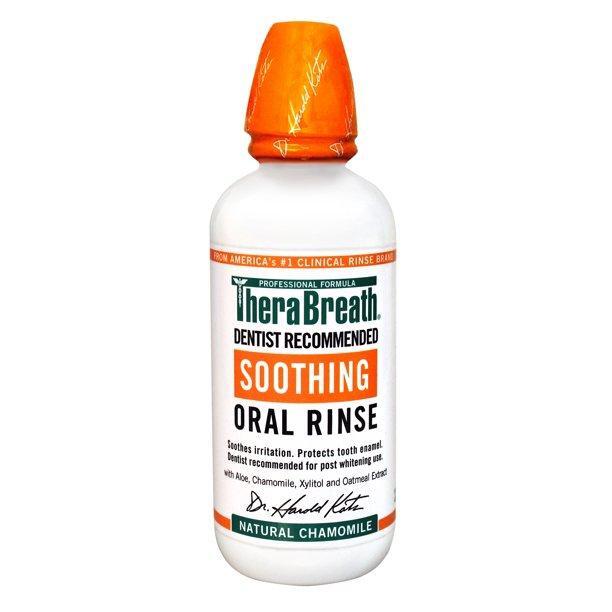 TheraBreath Soothing Alcohol-Free Oral Rinse with Chamomile in 0.47L bottle, natural oral care product by Pasteur Pharmacy.