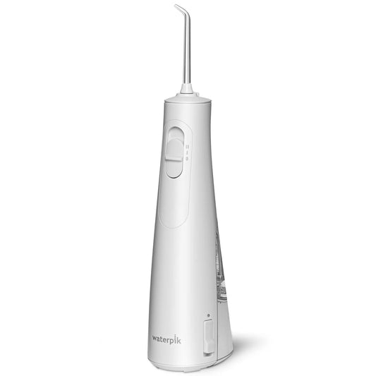 Cordless Waterpik Enhance rechargeable portable water floss for oral care, showing the compact device and its water reservoir.
