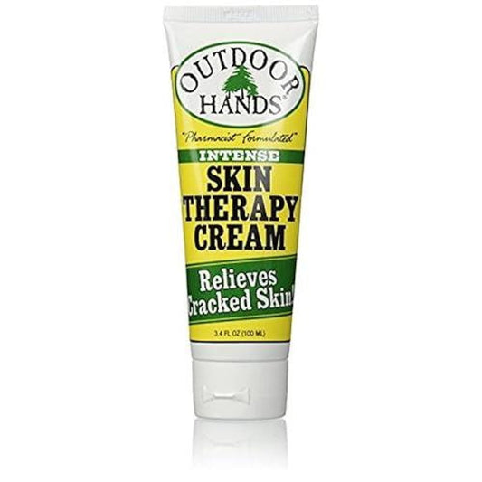Outdoor Hands Intense Skin Therapy Cream by Pasteur Pharmacy, 100ml, shown in a natural outdoor setting with skincare application.