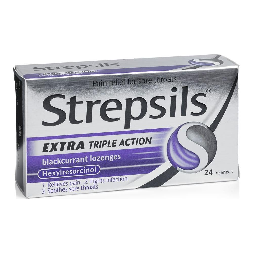 Strepsils Extra Triple Action Blackcurrant lozenges for sore throat relief, in a pack of 24 over-the-counter medication by Pasteur Pharmacy.
