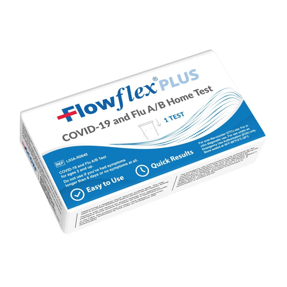 Flowflex Plus COVID-19 and Flu A/B home test kit by Pasteur Pharmacy, with ovulation test strips and testing components.