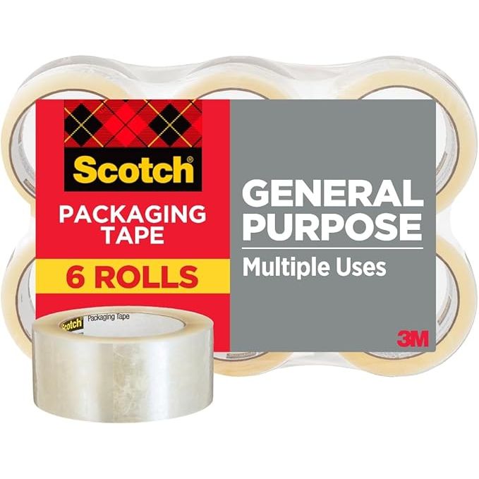 Scotch heavy-duty packaging tape with dispenser, 1.88 inches wide and 54.6 yards long, on a dispenser for sealing packages.