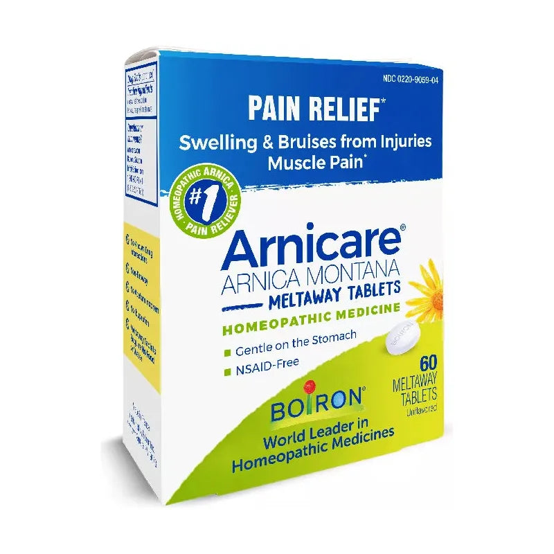 Boiron Arnicare Pain Relief Tablets in a bottle, 60 count, natural remedy for pain relief from Pasteur Pharmacy.