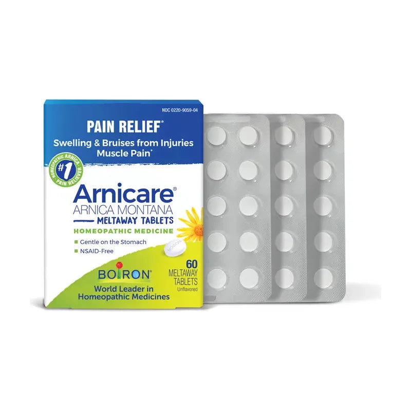 Boiron Arnicare Pain Relief Tablets in a bottle, 60 count, natural remedy for pain relief from Pasteur Pharmacy.