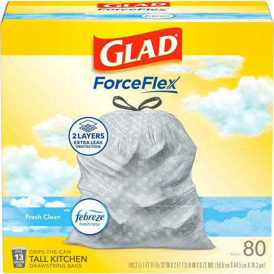 Glad ForceFlex 13-gallon kitchen trash bags with drawstring, fresh clean scent, white plastic bags in a box with 80 bags.