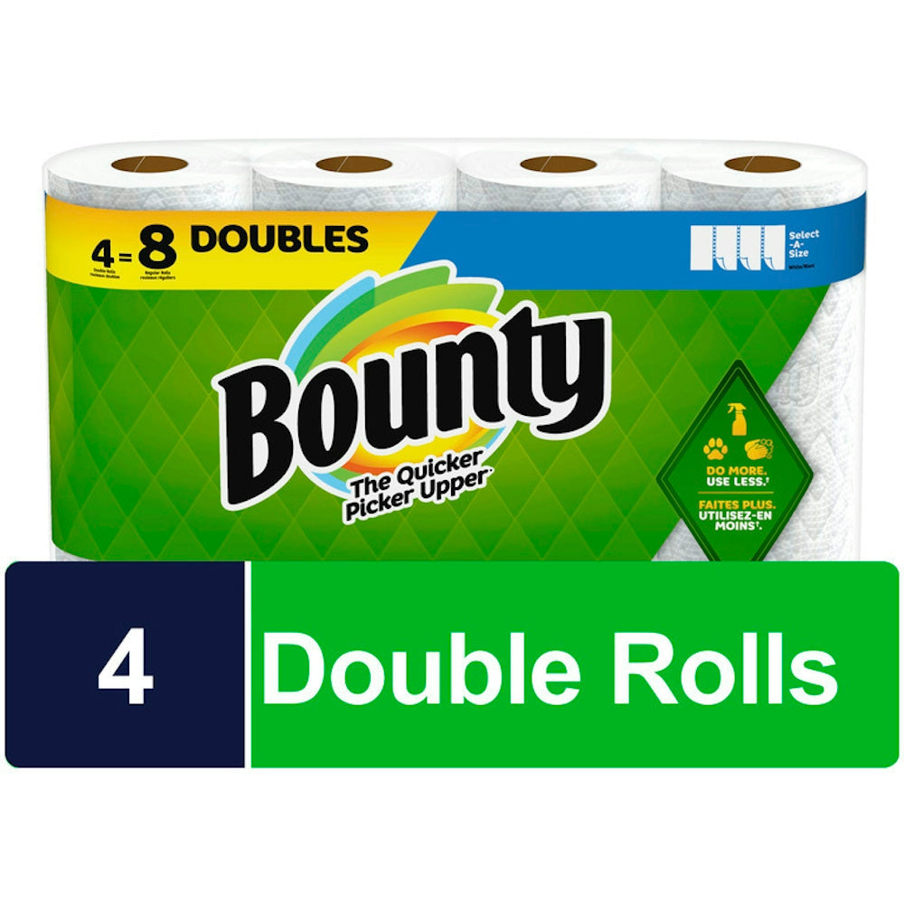 Bounty Select A Size Paper Towels in 4 double rolls, providing convenient, absorbent paper towels for cleaning and spills