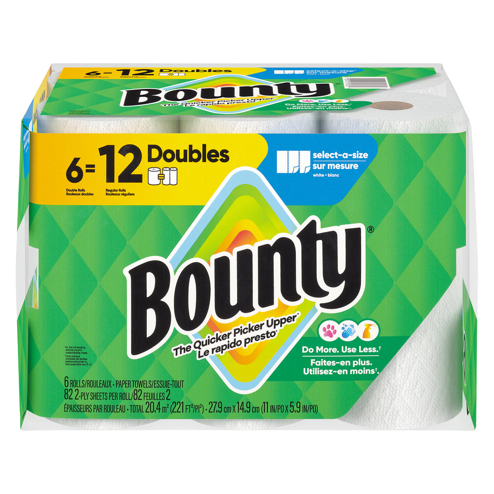 Bounty White 2-Ply Select-A-Size Paper Towels on double roll, soft and absorbent cleaning paper from Pasteur Pharmacy.
