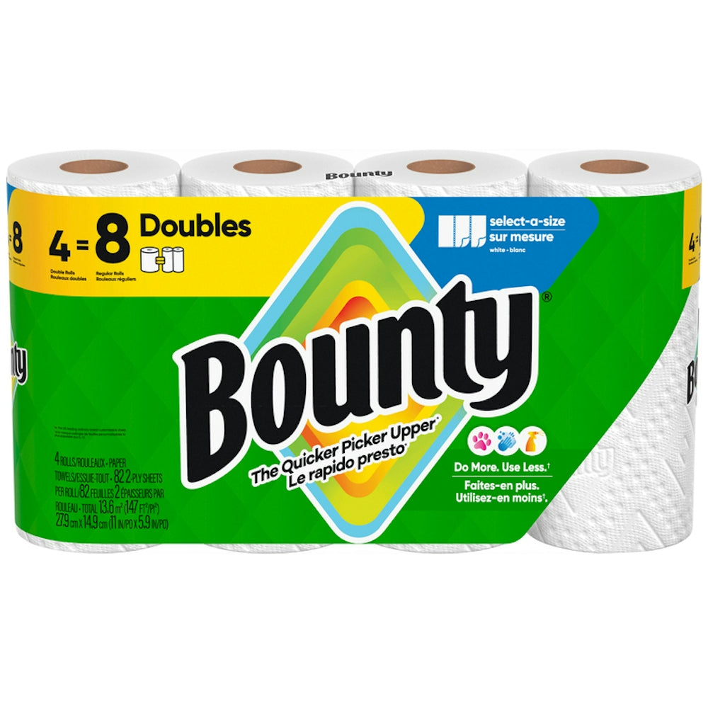 Bounty White 2-Ply Select-A-Size Double Rolls Paper Towels on a roll, featuring absorbent white paper towels from Pasteur Pharmacy.