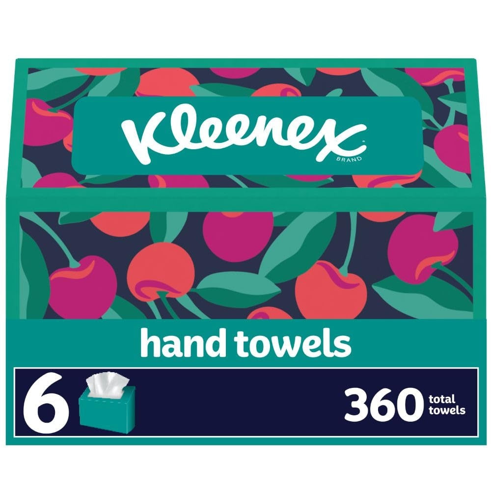 Kleenex disposable hand paper towels by Pasteur Pharmacy, 360 count, shown in a stack of white paper towels on a clean surface.