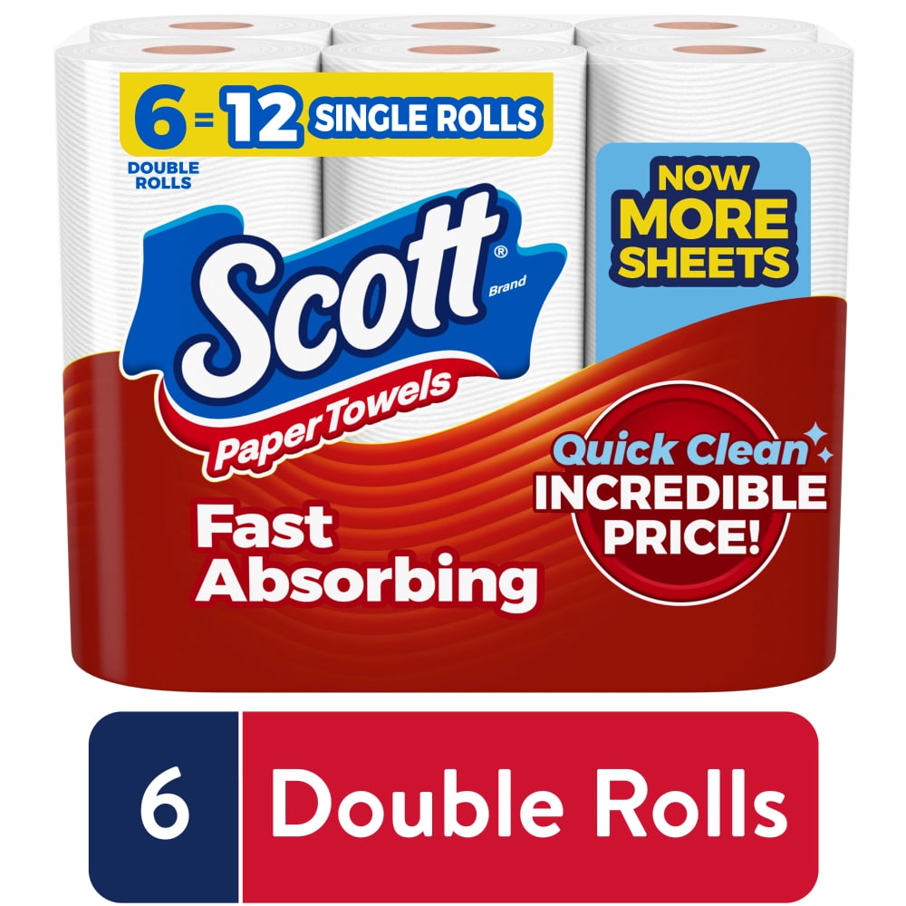 Scott Fast-Absorbing Paper Towels with Choose-A-Sheet, 6-roll pack, from Pasteur Pharmacy, showing soft, absorbent paper towels.