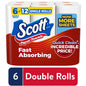 Scott Fast-Absorbing Paper Towels with Choose-A-Sheet, 6-roll pack, from Pasteur Pharmacy, showing soft, absorbent paper towels.