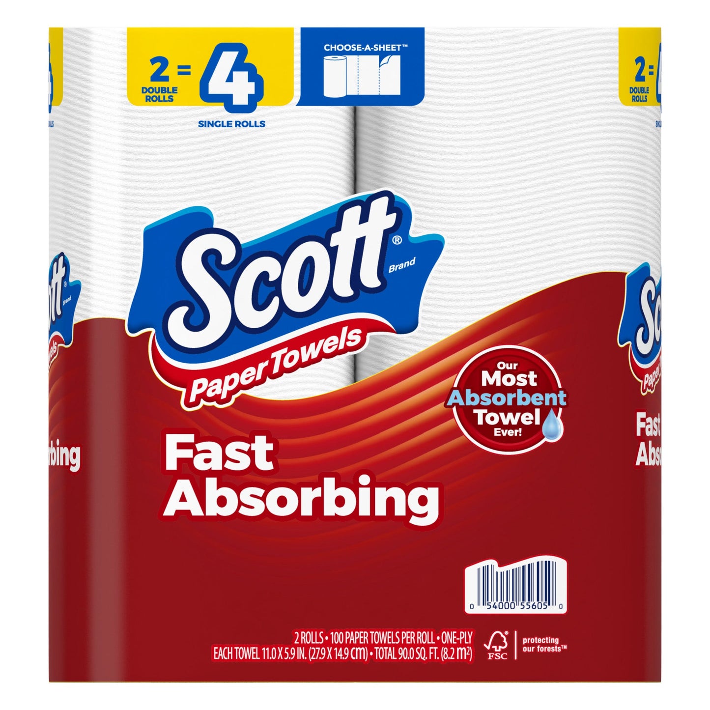 Scott Paper Towels double roll, one-ply, displayed in a package from Pasteur Pharmacy with folded paper towels visible.