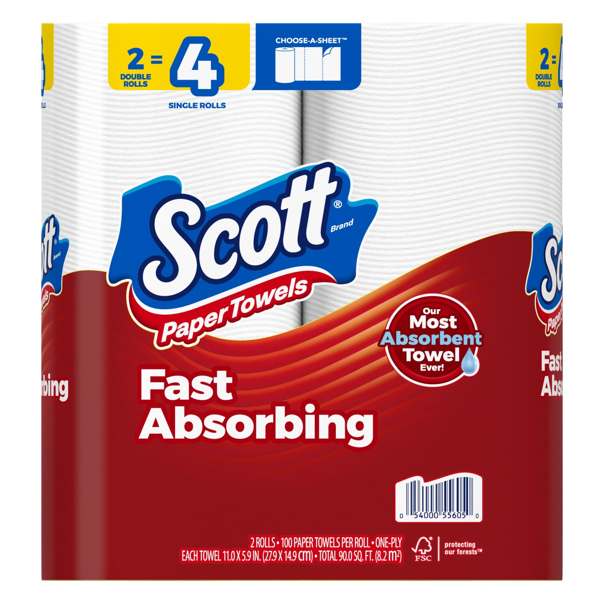 Scott Paper Towels double roll, one-ply, displayed in a package from Pasteur Pharmacy with folded paper towels visible.