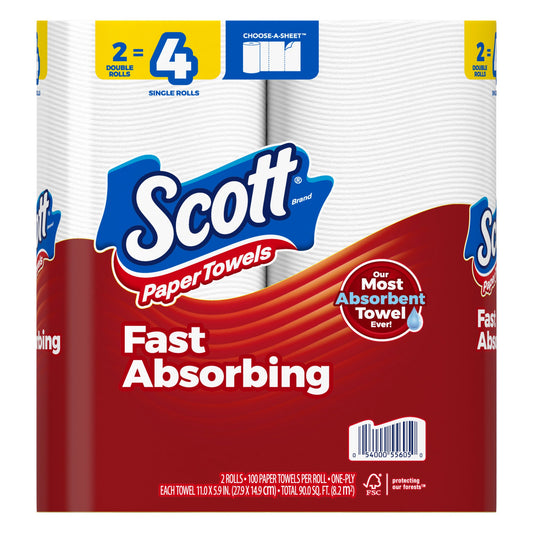 Scott Paper Towels double roll, one-ply, displayed in a package from Pasteur Pharmacy with folded paper towels visible.