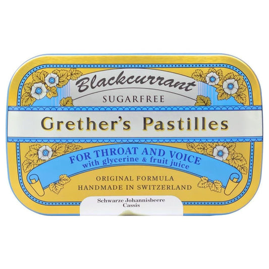 Black currant flavored sugar-free pastilles in a 3.75 oz package by Grether's, displayed with the product label visible.