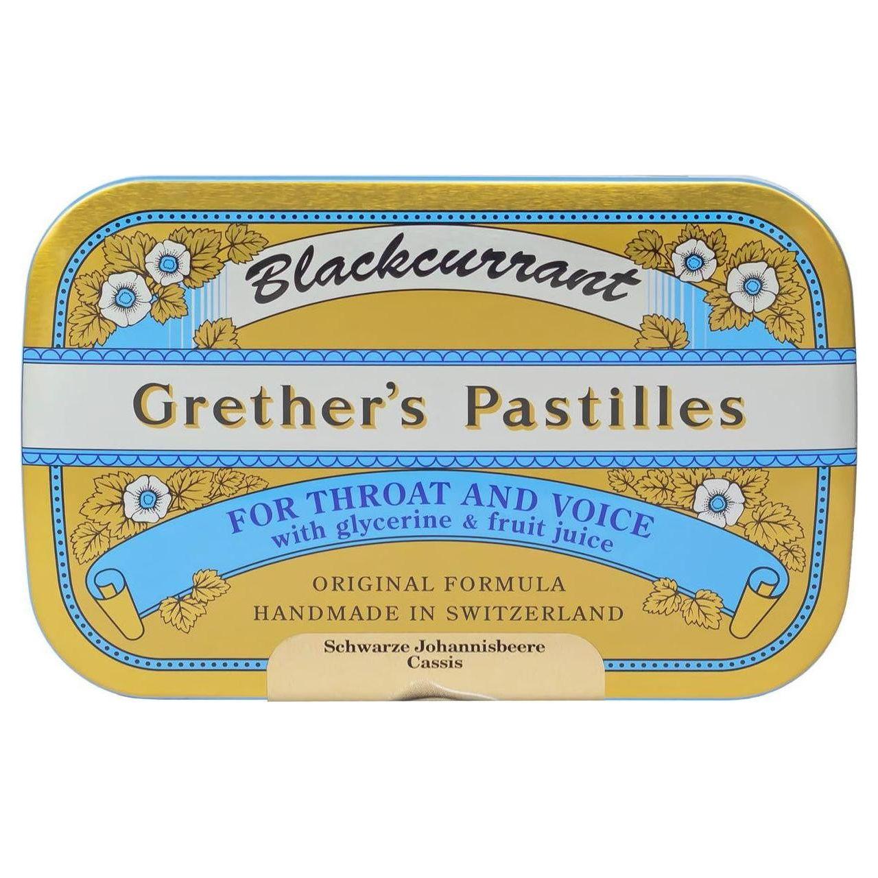 Sugar-free Grether's Blackcurrant Pastilles by Pasteur Pharmacy in 2.125 oz tin, showing the colorful pastille package.