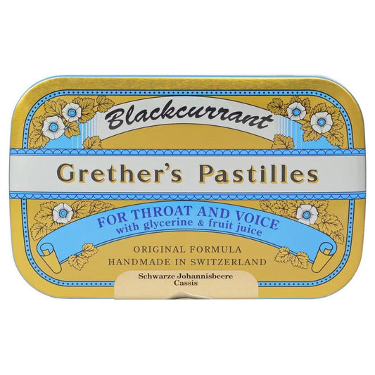 Sugar-free Grether's Blackcurrant Pastilles by Pasteur Pharmacy in 2.125 oz tin, showing the colorful pastille package.