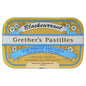 Sugar-free Grether's Blackcurrant Pastilles by Pasteur Pharmacy in 2.125 oz tin, showing the colorful pastille package.