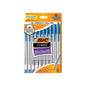 Blue ink BIC Bi C Cristal ball pen with medium point, designed for smooth writing, shown with the pen tip and transparent barrel.