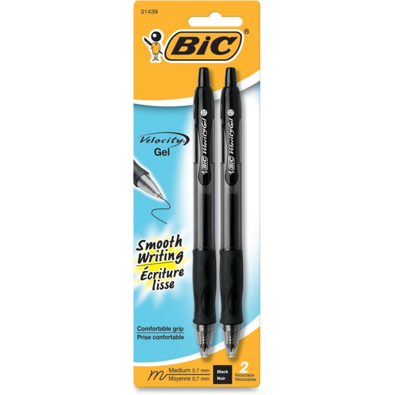 Two black BiC Gel-ocity medium point 0.7 mm retractable gel pens from Pasteur Pharmacy, shown with pens extended and caps on.
