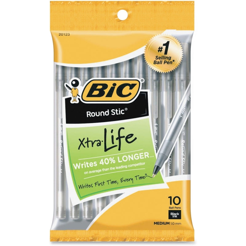 Set of 120 BIC Round Stic Grip ballpoint pens with black ink, arranged in 12 packs of 10, featuring comfortable grip design.