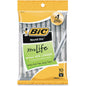Set of 120 BIC Round Stic Grip ballpoint pens with black ink, arranged in 12 packs of 10, featuring comfortable grip design.