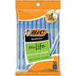Set of 120 BIC Round Stic Grip ballpoint pens with blue ink, arranged in 12 packs of 10, featuring blue ink and ergonomic grips.