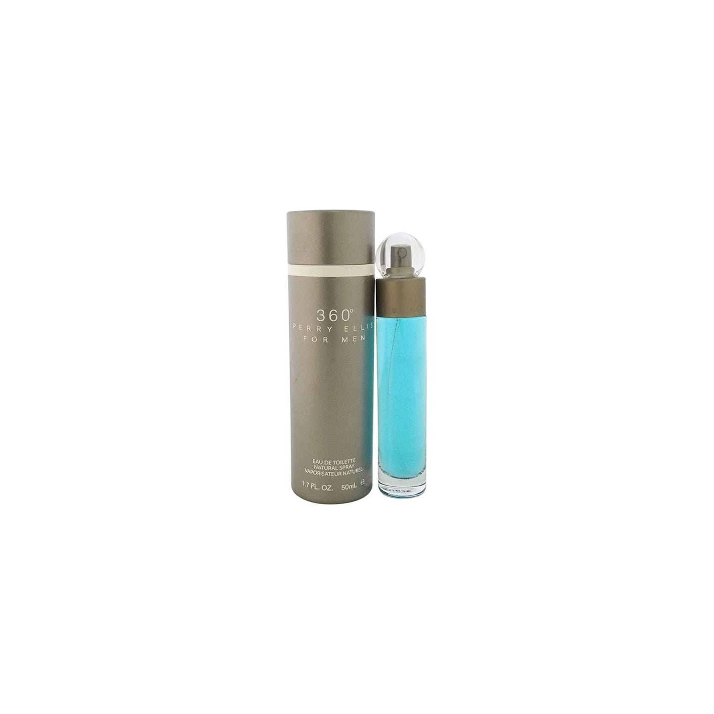 Perry Ellis 360 for Men Eau de Toilette spray, 1.7 fl oz, in a sleek bottle with a silver cap and modern design.