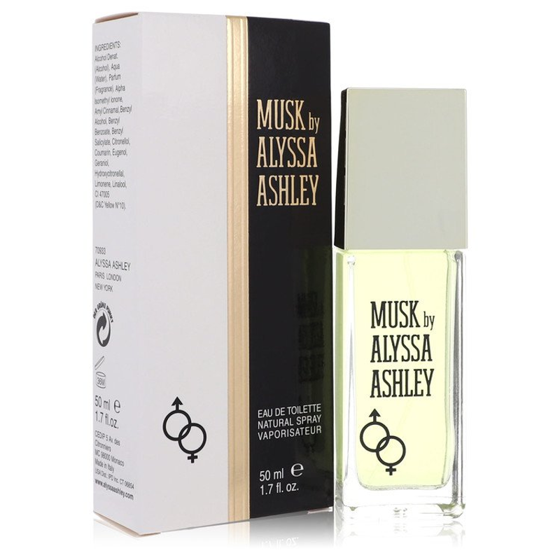 Alyssa Ashley Musk Eau de Toilette spray bottle, 1.7 fl oz, featuring a sleek design and elegant packaging for women.
