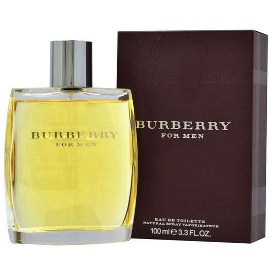 Burberry Classic for Men Eau de Toilette 3.3 oz cologne spray in box, featuring a sleek bottle with a beige and black design.