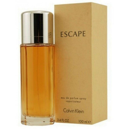 Calvin Klein Escape EDP perfume spray for women in 3.4 oz bottle, featuring elegant packaging and fragrance details.