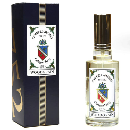 Caswell-Massey Woodgrain Sandalwood Gold Cap Cologne bottle with gold cap, featuring elegant packaging, 3 fl oz perfume for men.
