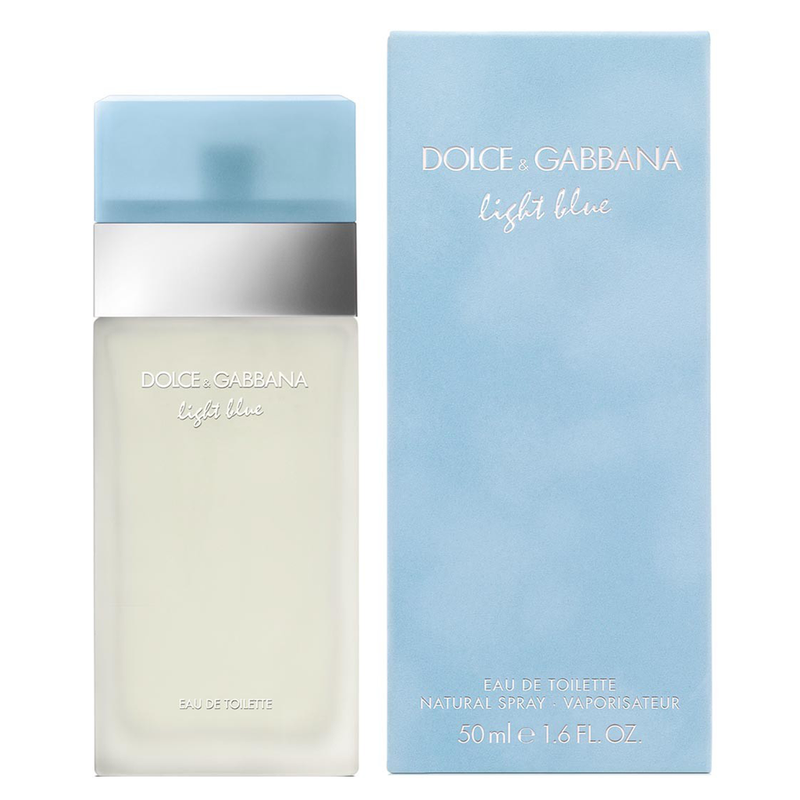 Dolce & Gabbana Light Blue women’s eau de toilette perfume bottle, 50ml, showcasing the iconic D&G fragrance packaging.