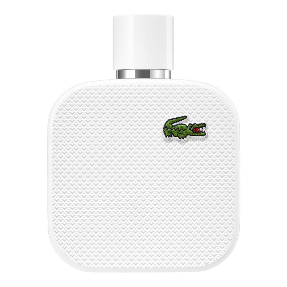 Lacoste L.12.12 Blanc Eau de Toilette perfume bottle with white design, showcasing the iconic crisp and clean scent.