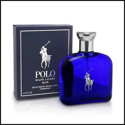 Polo Blue Ralph Lauren perfume bottle, 2.5 oz, with sleek blue design and classic branding, displayed on a white background.