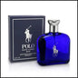 Polo Blue Ralph Lauren perfume bottle, 2.5 oz, with sleek blue design and classic branding, displayed on a white background.