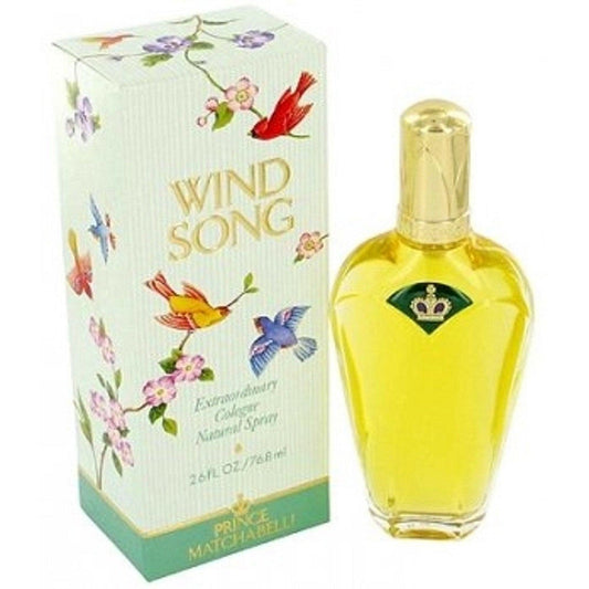 Prince Matchabelli Wind Song cologne spray for women, 2.6 oz, elegant perfume bottle with floral design.