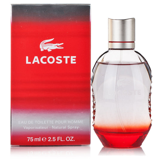 Lacoste Red Style In Play Eau de Toilette for men, a stylish red perfume bottle with modern design, displayed on a neutral background.