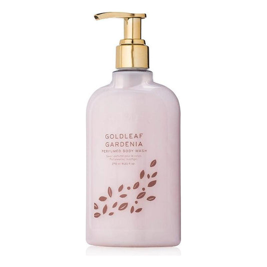 Thymes Goldleaf Gardenia perfumed body wash in a 9.25 oz bottle, featuring luxurious floral scent and elegant packaging.